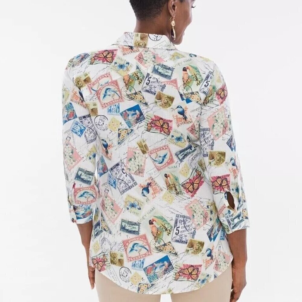 Chico's Linen Stamp Travel Printed 3/4 Sleeve Blouse Size 1(M) - Picture 9 of 9